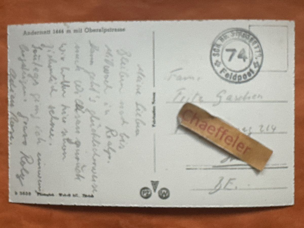 Cartes postales: Feldpost, Andermatt mit Oberalppassstrasse. – D'occasion à Zürich par Chaeffeler 1