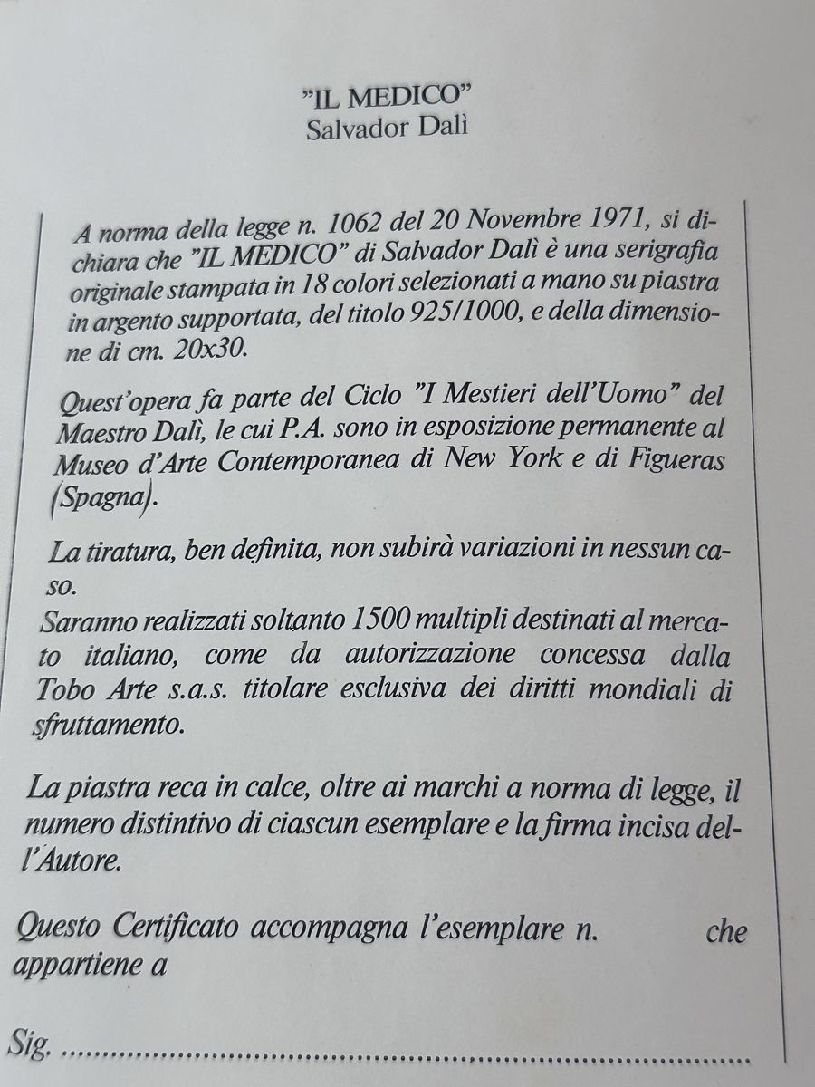 Dipinti: Salvador Dalí "Il Medico" on silver. With Cert – Usato da Zürich venduto da Ddechkovd 7