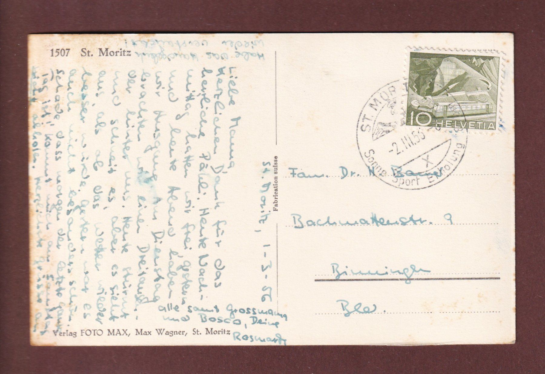 Cartoline postali: ST. MORITZ - 1956 – Usato da Pully venduto da nicecards 1