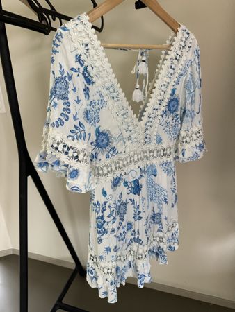Mini Greek Dress Print White Blue Lace Size S New