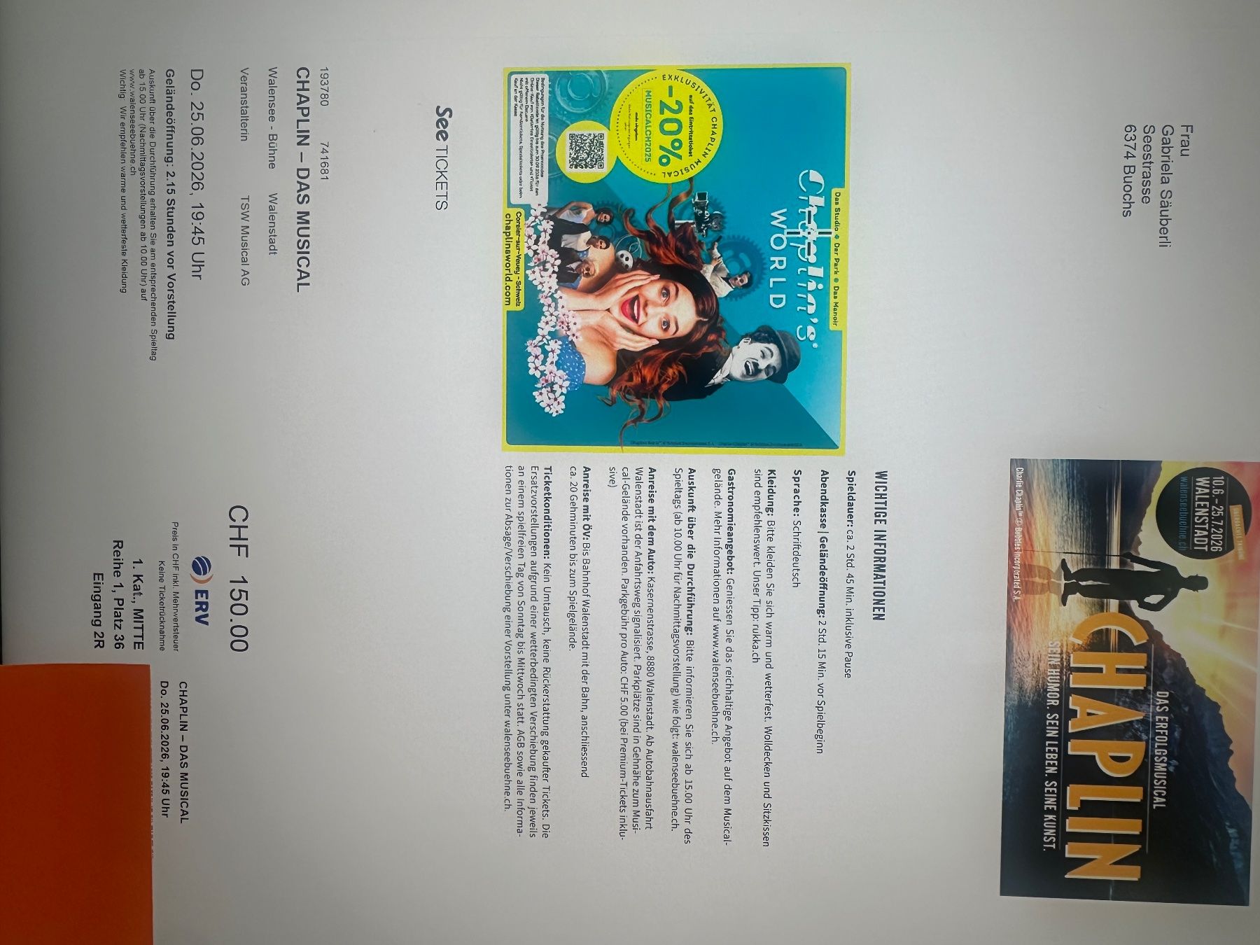 Biglietti: Charlie Chaplin Musical Walensee – Nuovo e nell'imballaggio originale da Buochs venduto da gzimmer