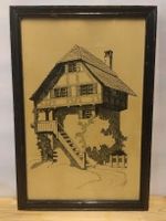 Dessin original ancien à l’encre – chalet / maison valais (?