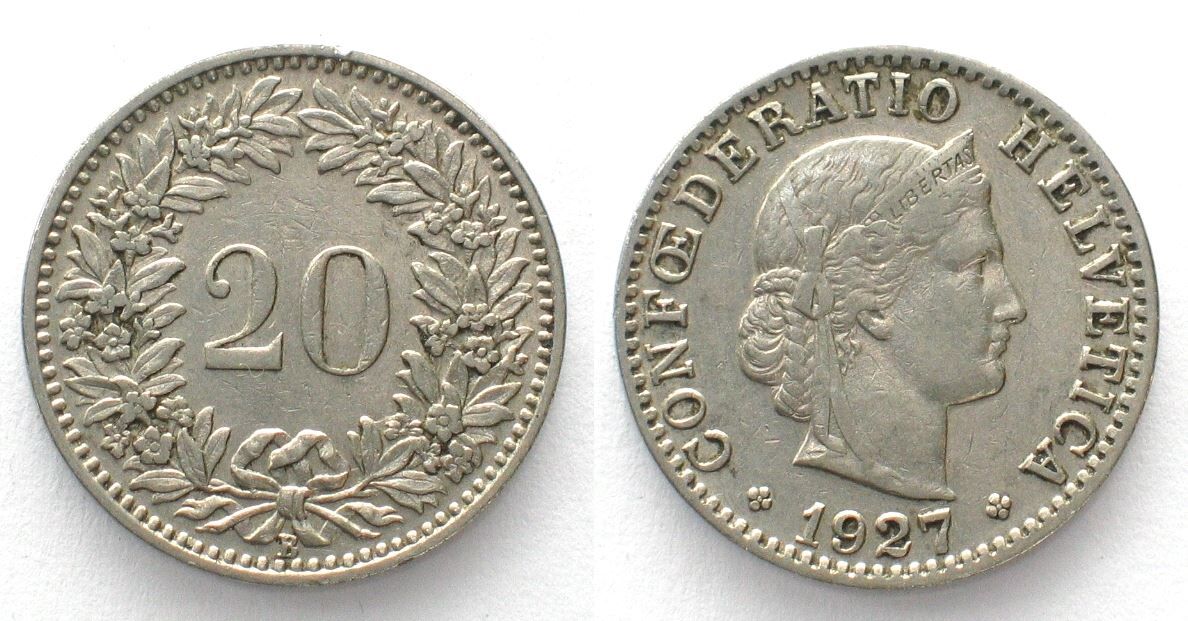 Alle Münzen: CH 20 Rappen 1927 vz – Gebraucht aus Riehen von sesambestcoins2004