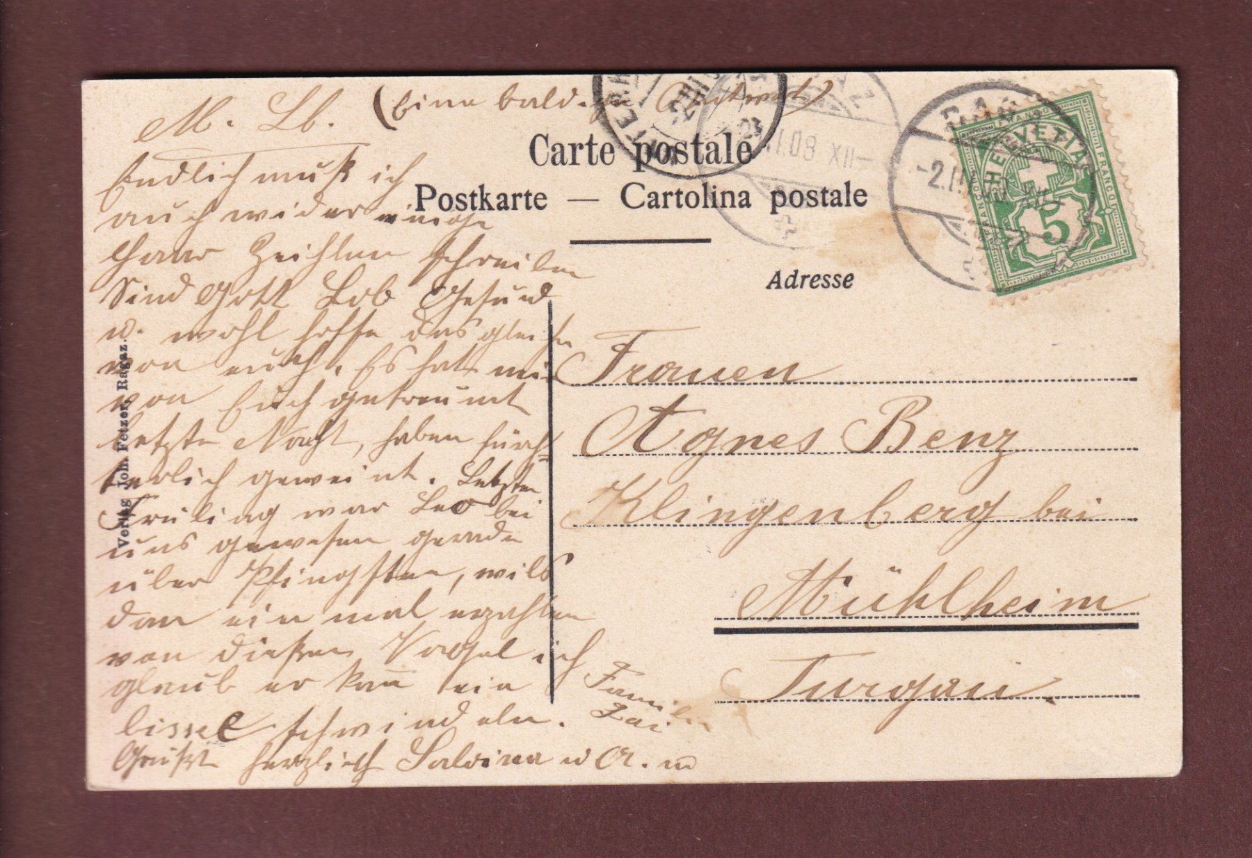 Ansichtskarten: Hôtel Hof RAGAZ - 1908 – Gebraucht aus Pully von nicecards-shop 1