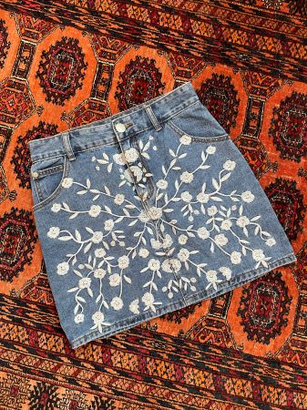 Bestickter Jeans Minirock Damen Gr. S weiss Denim Boho