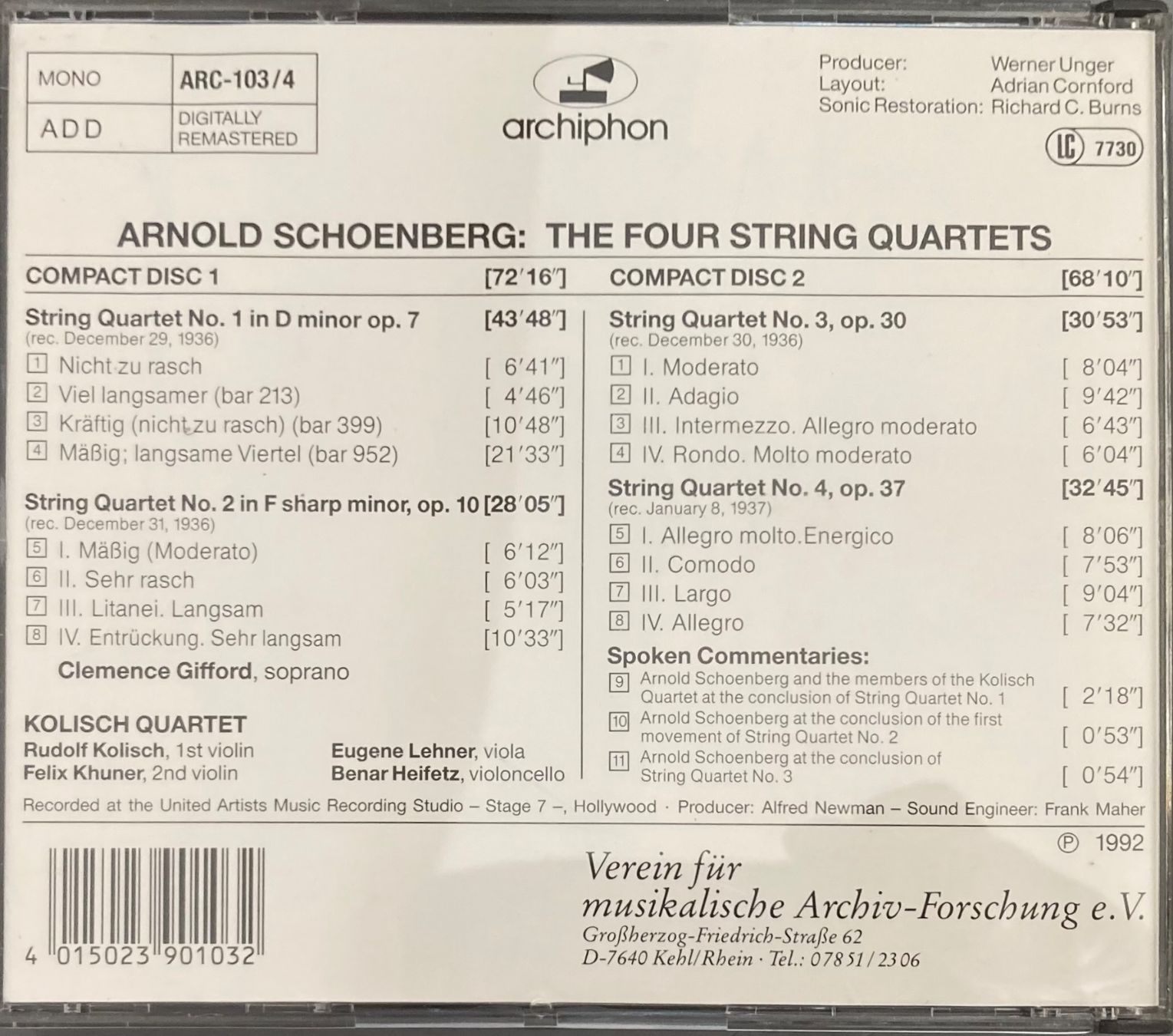 CDs: SCHOENBERG..... KOLISCH QUARTET (1936-37) – Gebraucht aus Poliez-Pittet von Newtown-Records 1