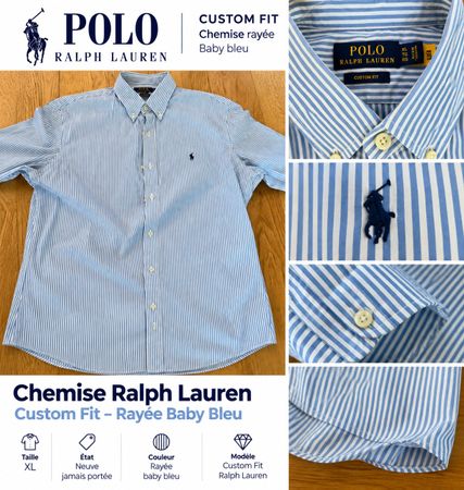 Chemise Polo Ralph Lauren Custom Fit rayée bleu taille XL