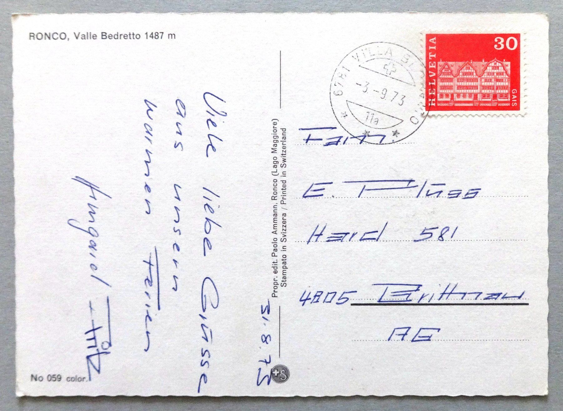 Cartoline postali: Ronco, Valle Bedretto 1487 m – Usato da Fétigny venduto da Billy2miny 1