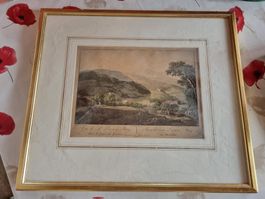 Antike Stiche: Ansicht von Luzien Steig, Graubünden, 1812.