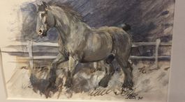 Original Aquarell/Gouache Pferdegemälde von 1920 gerahmt