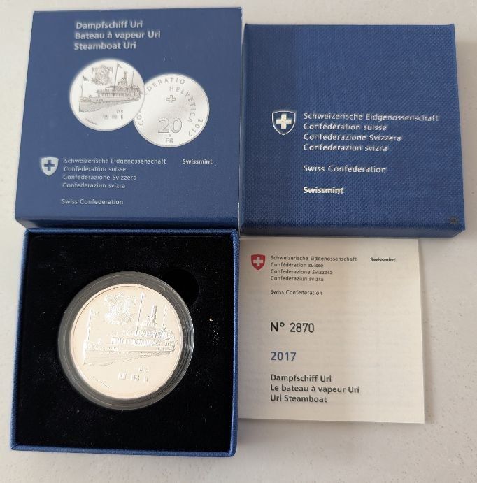 Alle Münzen: 20 Franken 2017 Silber pp Dampfschiff Uri Box – Neu (gemäss Beschreibung) aus Arch von moneyswiss