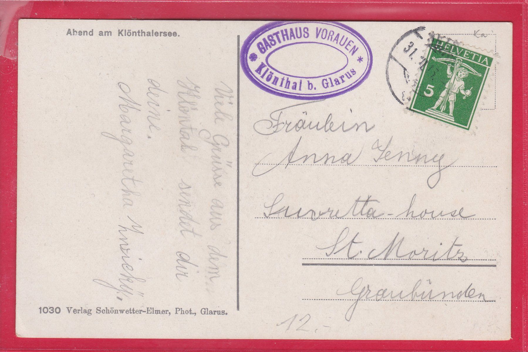 Cartoline postali: ABEND AM KLÖNTHALERSEE, 31.3.1915 – Usato da Oberrieden venduto da Gebirgsstelze 1