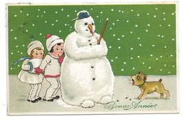 Neujahr - Bonne année - Schneemann - Kinder  Hund Litho 1926