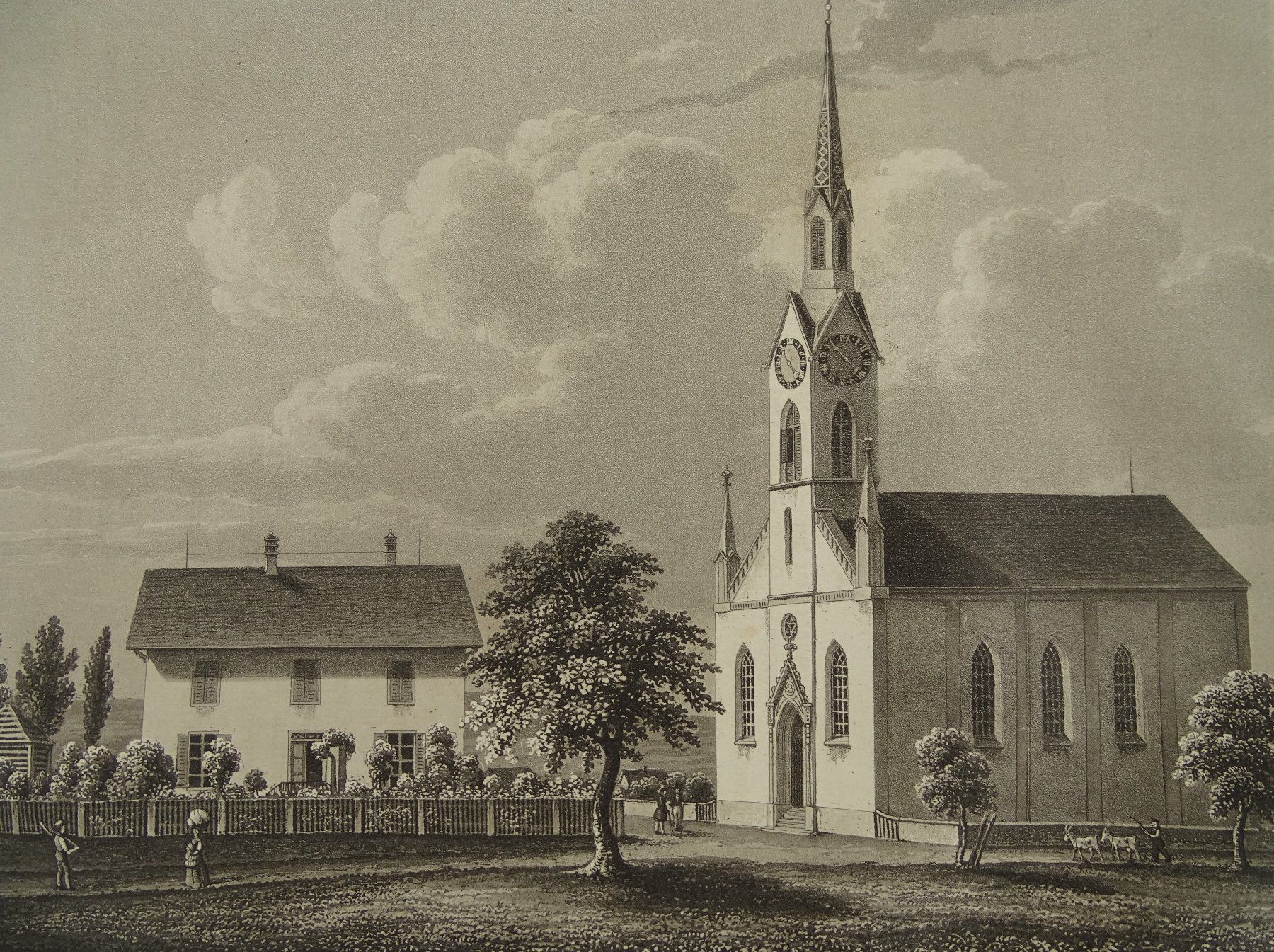 Incisioni: KIRCHE IN OBFELDEN, AQUATINTA, 1853 – Usato da Grüningen venduto da Kartensammler 2