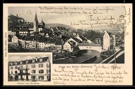 AK Baden, Gasthof zum Geissberg, Panorama mit Kirche