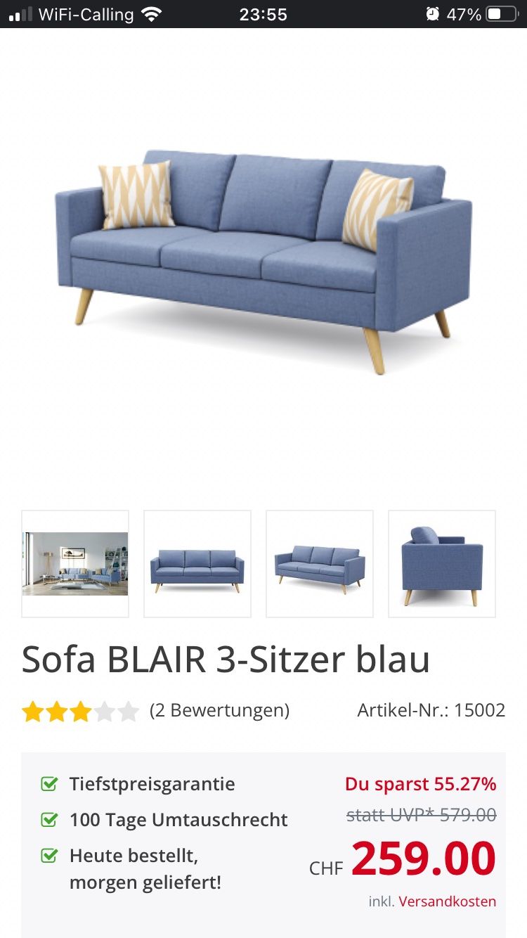 Gonser Divani: Sofa Blair 3-Sitzer blau, neuwertig – Usato da Schlatt TG venduto da Emaria 1