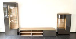 Modernes Wohnwand Set, Hochglanz Lava Lack / Eiche Bianco