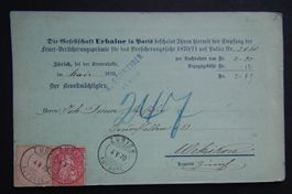 1870 Ganzsache Urbain Paris Lebensversicherung nach Wetzikon