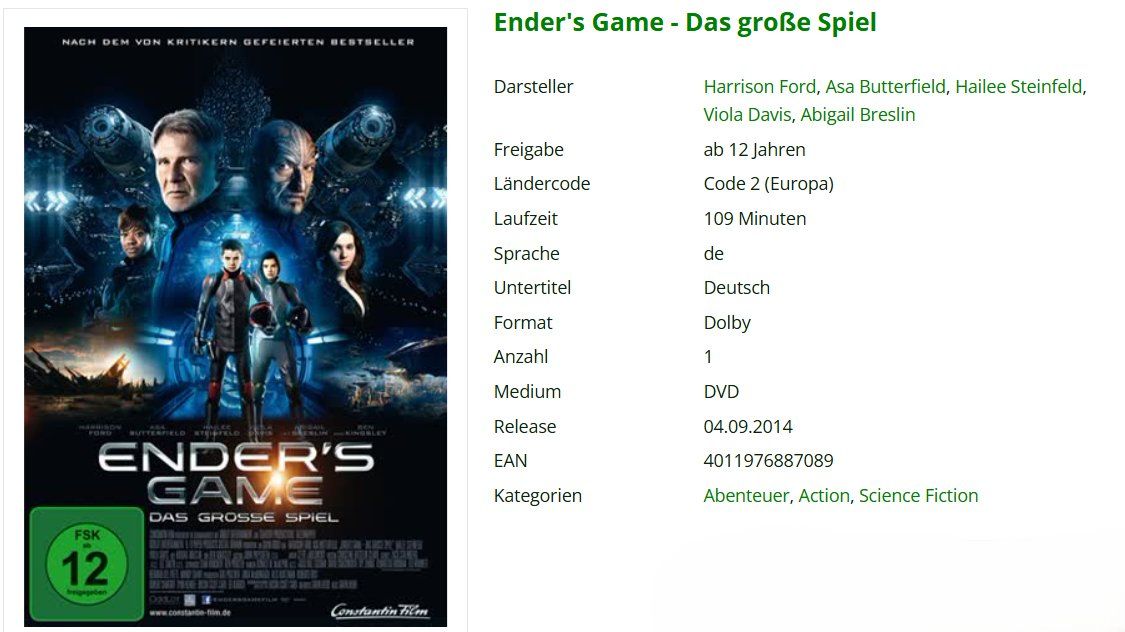Tutti i DVDs: Ender's Game- Das grosse Spiel -DVD- – Usato da Dietikon venduto da Ruempfli 1