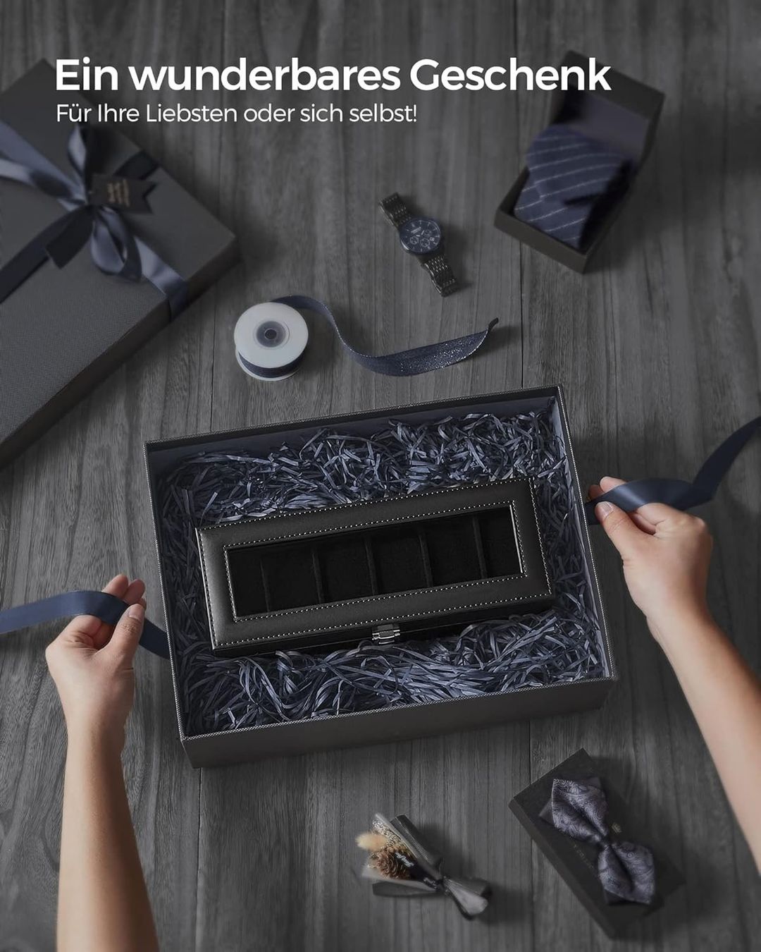 Scatole porta orologi: Uhrenbox schwarz 6 Fächer Glasdeckel elegant Box – Nuovo e nell'imballaggio originale da Wittenbach venduto da SELVARO 2