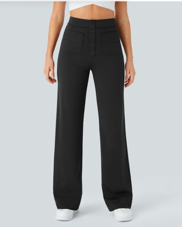 Lässige Stoffhose mit hohem Bund und geradem Bein Gr. L schw