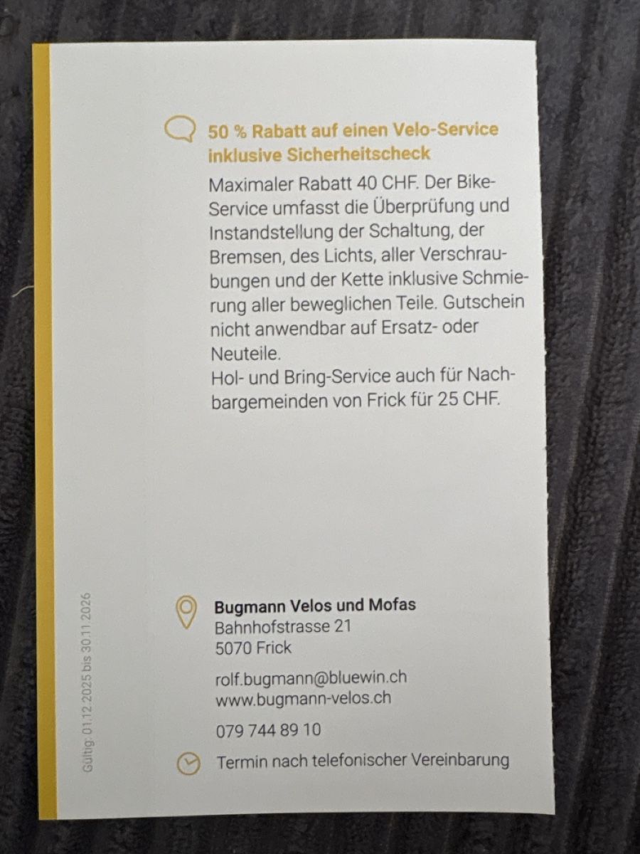 Buoni: Bon 50% pour un vélo Service  – Nuovo (secondo la descrizione) da Düdingen venduto da Yellow 1