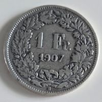 1 Franken 1907 Silber Münze Helvetia guter Zustand
