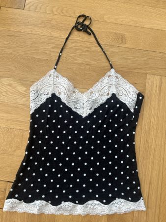 Neckholder Top schwarz weiss gepunktet mit Spitze 