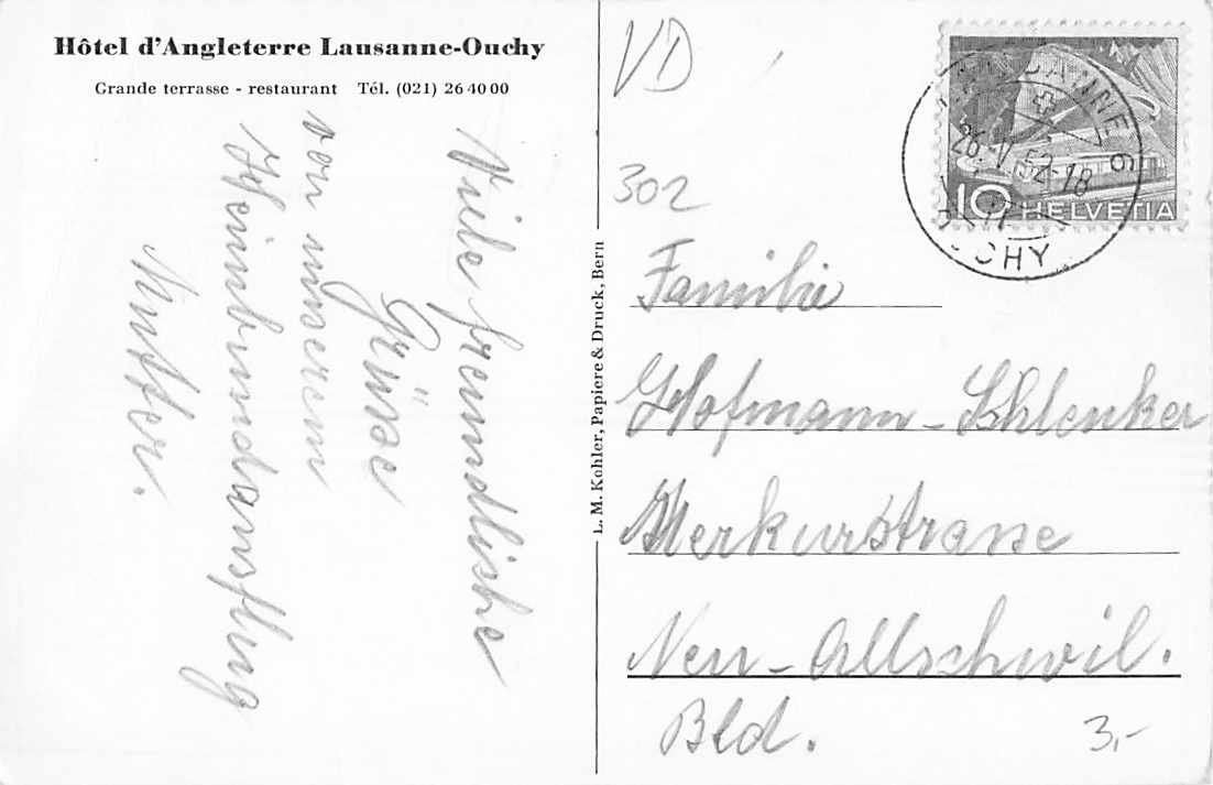 Cartoline postali: SOUVENIR du HOTEL d'ANGLETERRE OUCHY 1952 – Usato da Lufingen venduto da Rac0 1