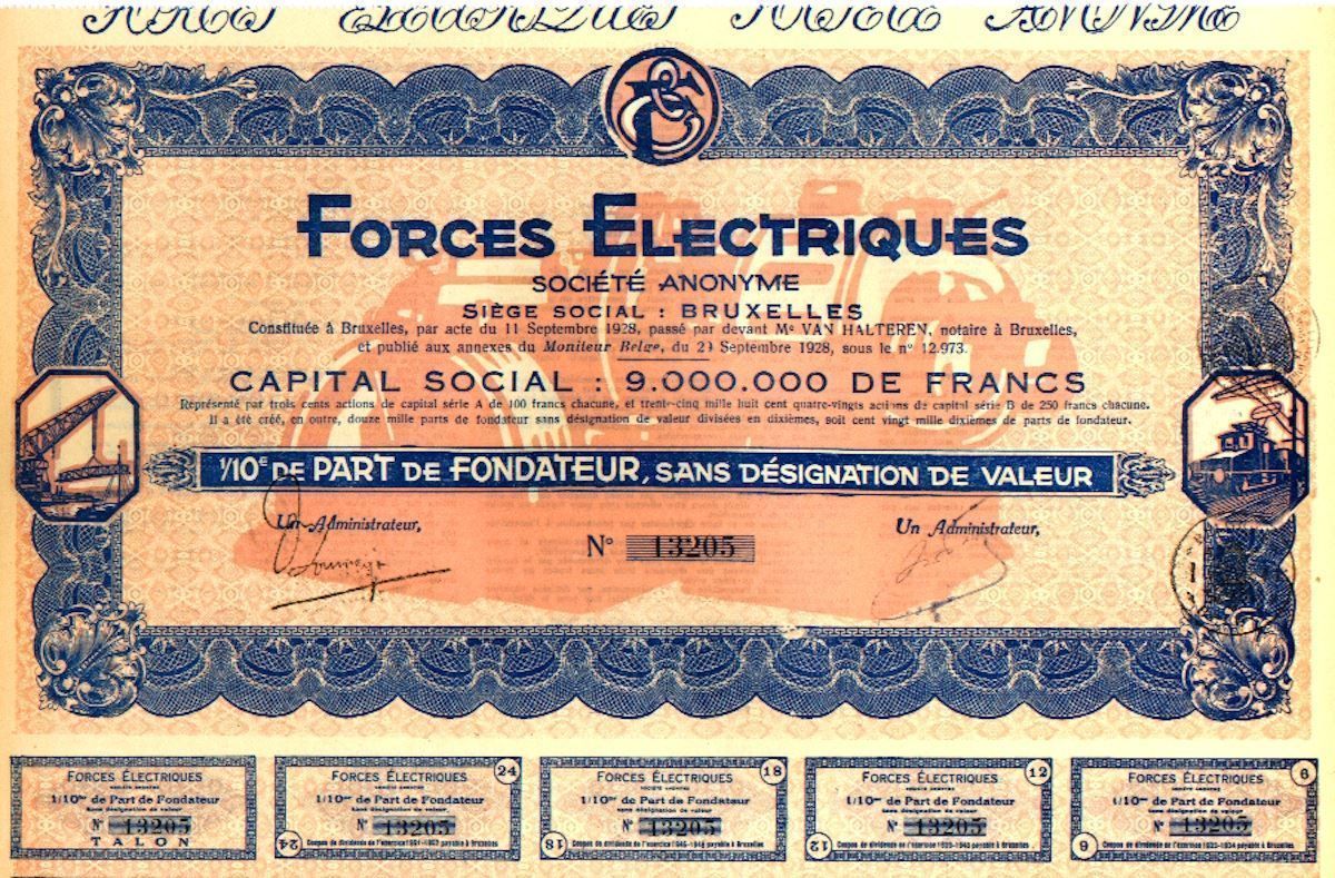 Documenti: Forces Electriques SA, Bruxelles - 1928 – Usato da Solothurn venduto da Sgasche