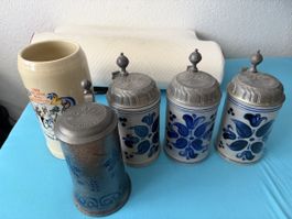 4 Bierkrüge Steinkrug mit Zinndeckel Haldenengut 1993/1990