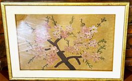 🌸 Ancienne broderie sur soie 1930 cadre doré pièce unique