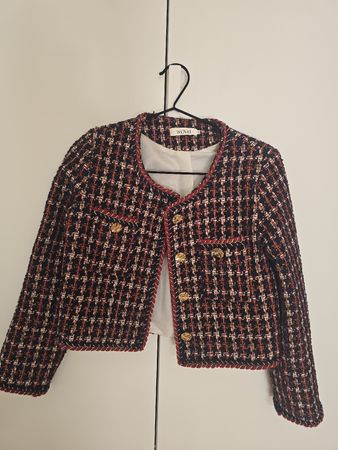 Damen Blazer Gr. 36 Tweed Look rot blau goldfarben Knöpfe