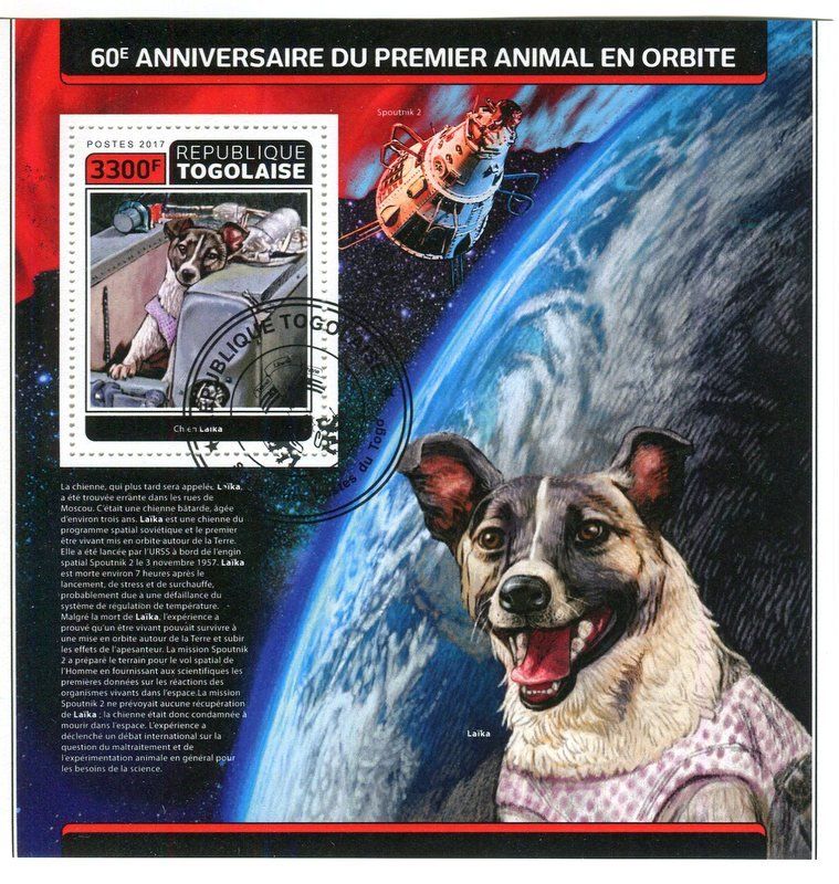 Alle Briefmarken: Block "Raumfahrt. Sputnik 2. Laika". Togo – Neu und originalverpackt aus Basel von Butsch5