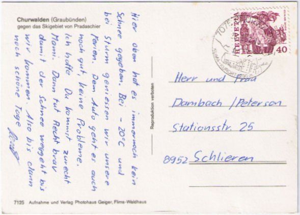 Cartoline postali: Churwalden gegen das Skigebiet Pradaschier – Usato da Binningen venduto da Mountainrider 1