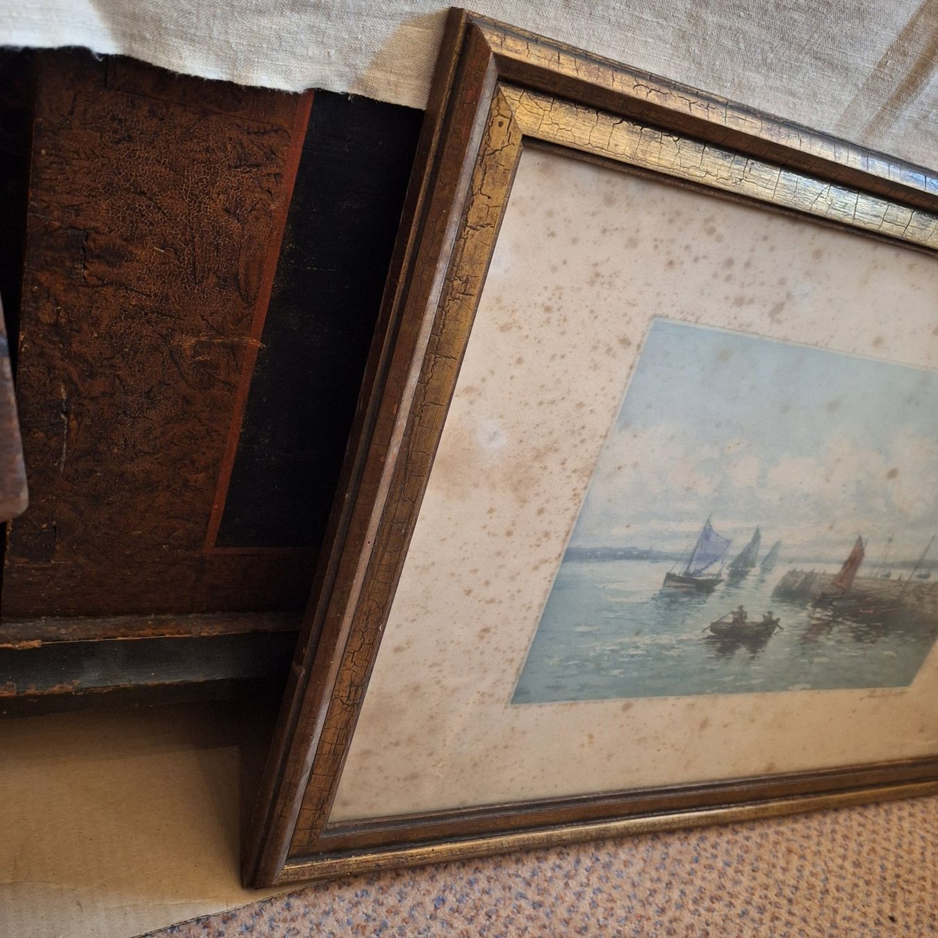 Foto & Immagini: Antikes Bild, See mit Steg, Segelschiff, Boot – Usato da Winterthur venduto da Goldpipau 2