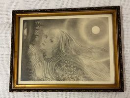 ANTIKE LITHOGRAFIE / Mädchen im Mondschein“ / 1936!