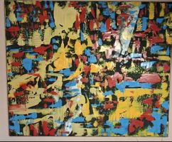 Abstraktes Bild Gold Rot Blau Gelb Schwarz handmade 70×86