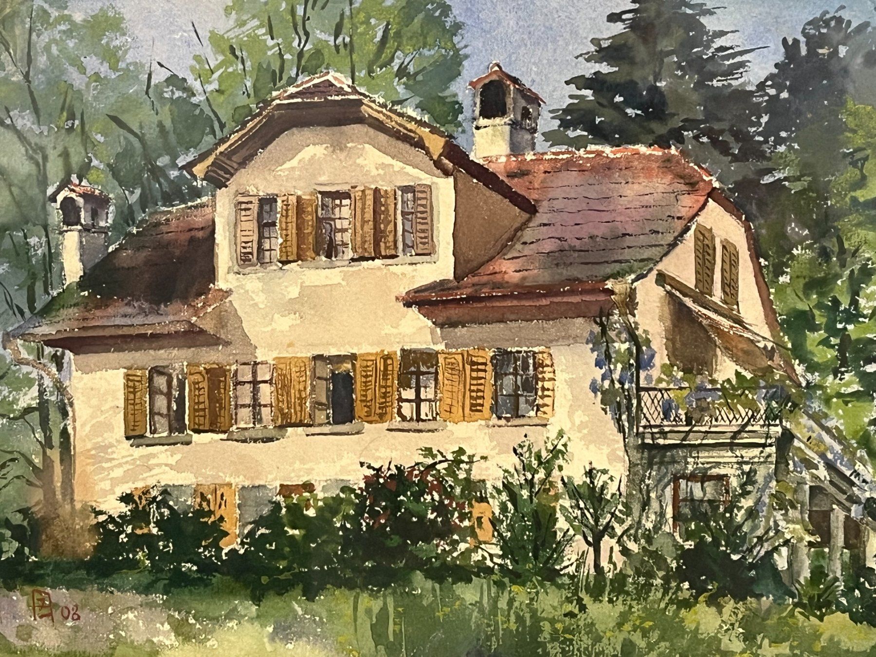 Gemälde: Schweizer Haus, wunderschönes Aquarell im Wald, monogrammier – Gebraucht aus Basel von Kaffee_und_Kunst 1