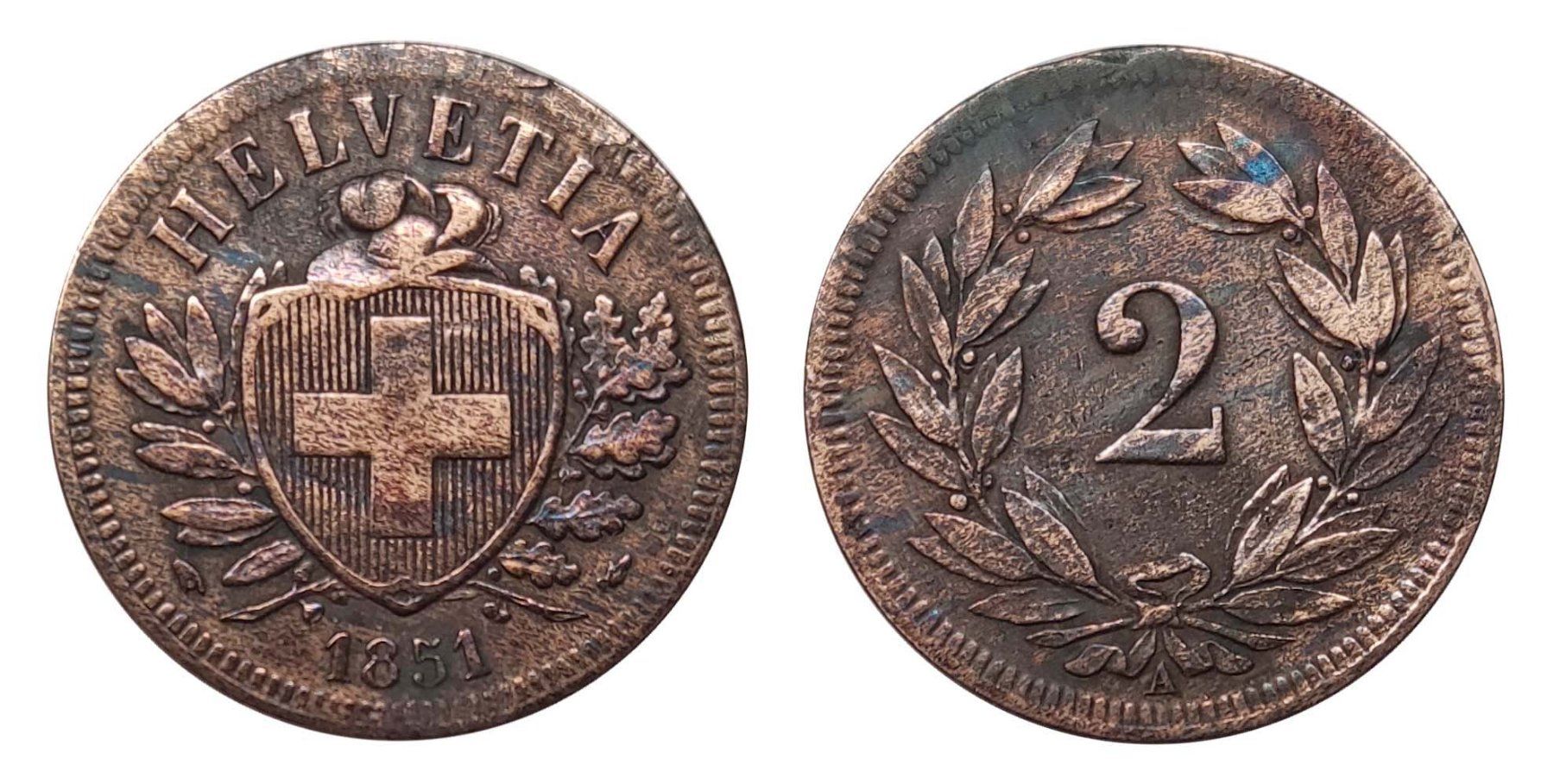 Toutes les monnaies: 2 Rappen 1851 – D'occasion à Heerbrugg par Swissphila