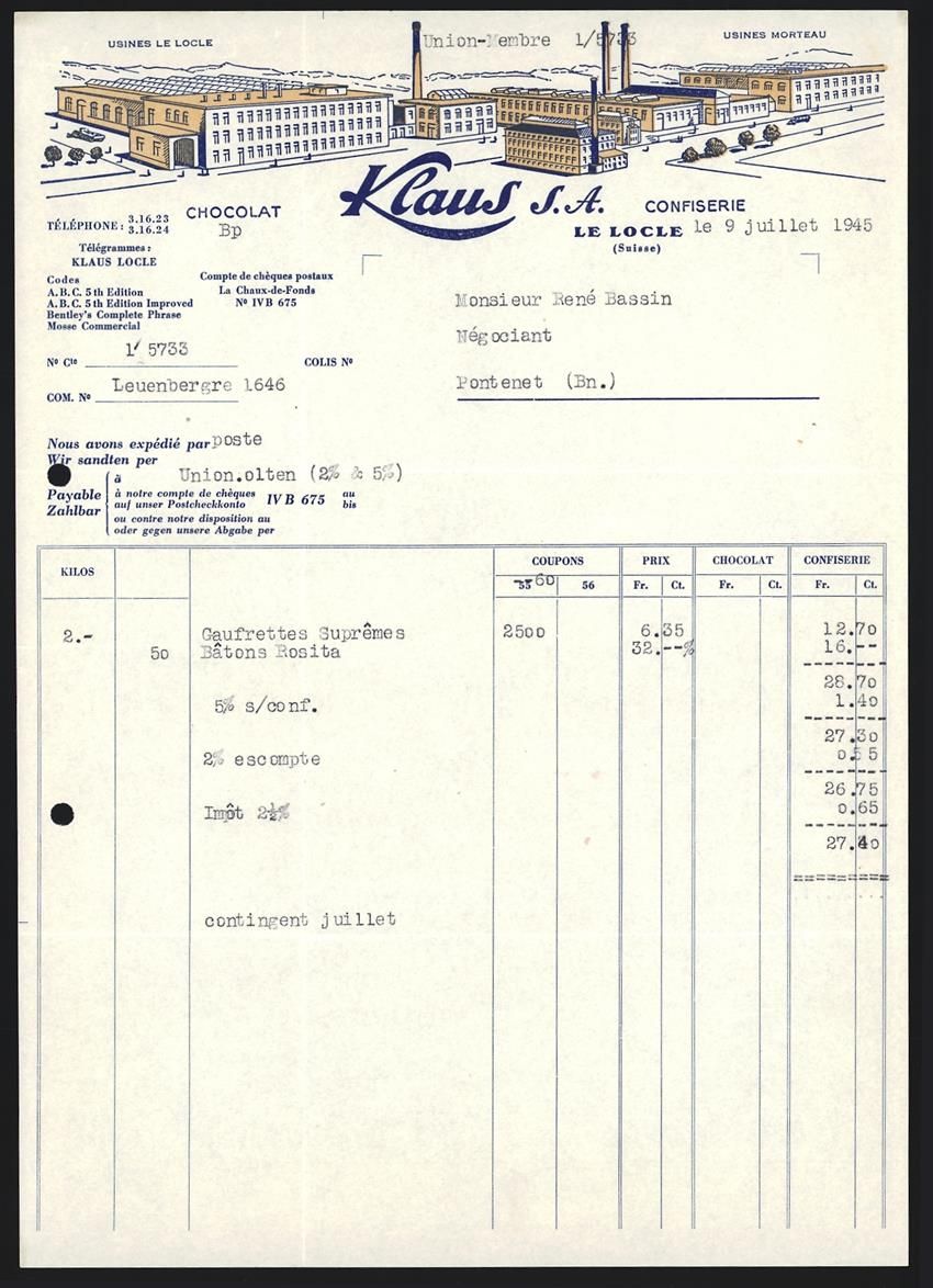 Altre raccolte & rarità: Rechnung Le Locle 1945, Klaus S.A., Conf – Usato da Berlin venduto da bartko-reher