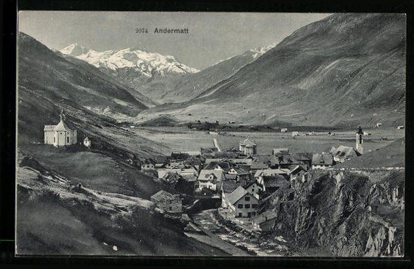 Cartoline postali: AK Andermatt, Gesamtansicht mit Kirche – Usato da Berlin venduto da bartko-reher