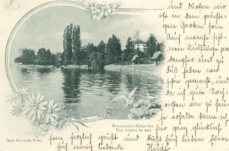 Cartoline postali: Vevey - Pensionat Schindler + 1909 – Usato da Emmenbrücke venduto da teestube