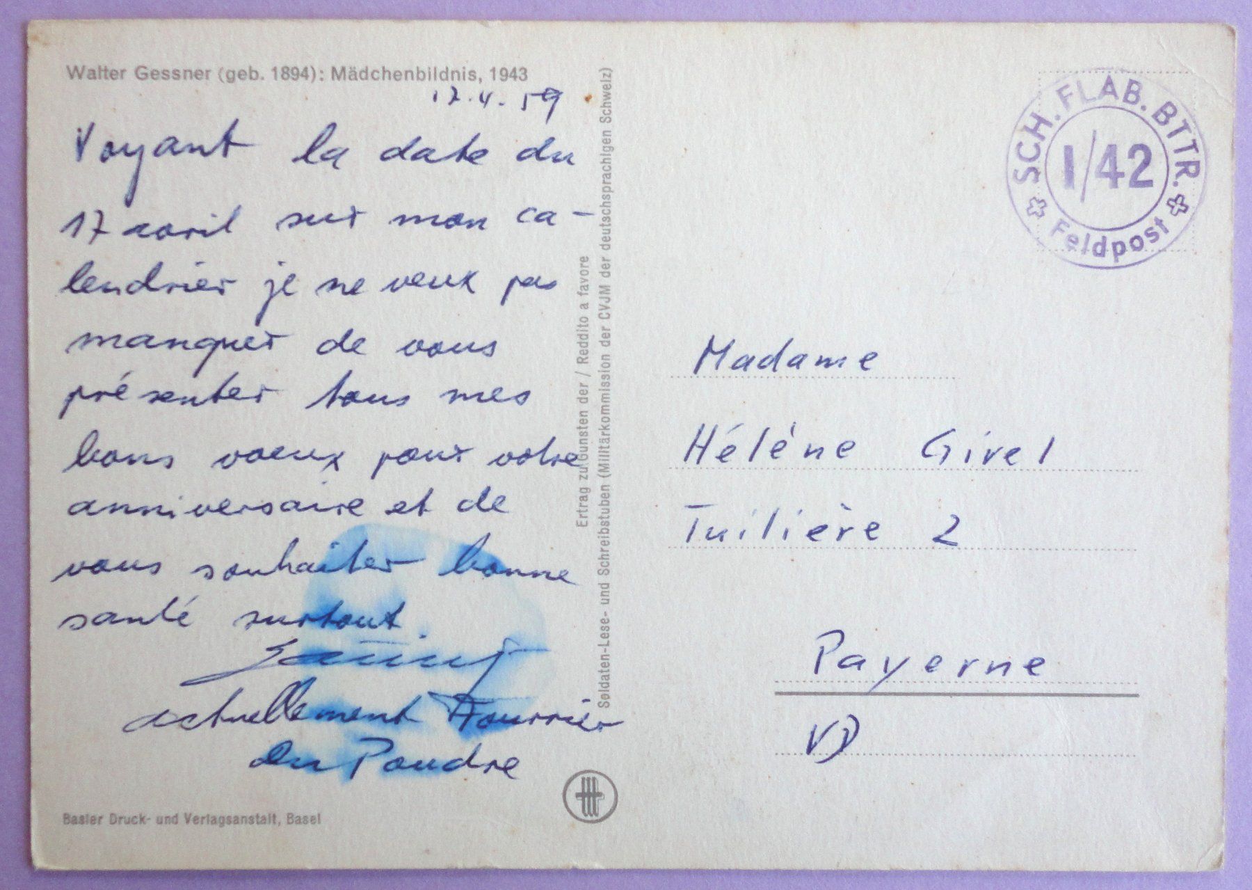 Ansichtskarten: W. Gessner - Mädchenbildnis, 1943 – Defekt aus Fétigny von Billy2miny 1