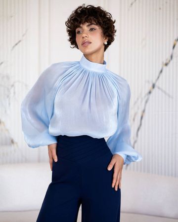 Elegant Blue Organza Blouse Size: XS-M