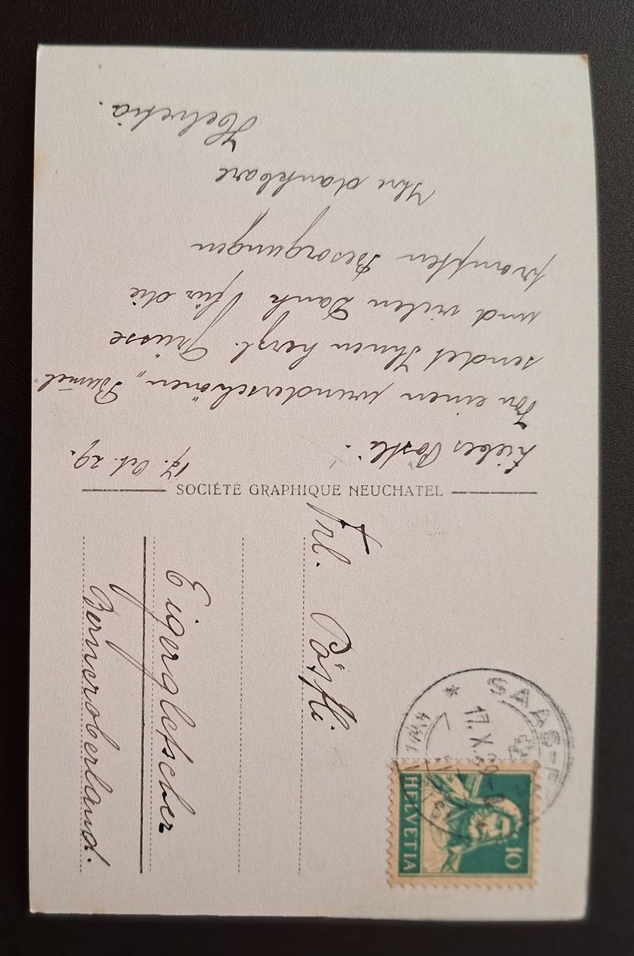 Cartoline postali: Ansichtskarte Saas-Fee mit Bergen, datiert 1929 – Usato da Siebnen venduto da Leissav 1