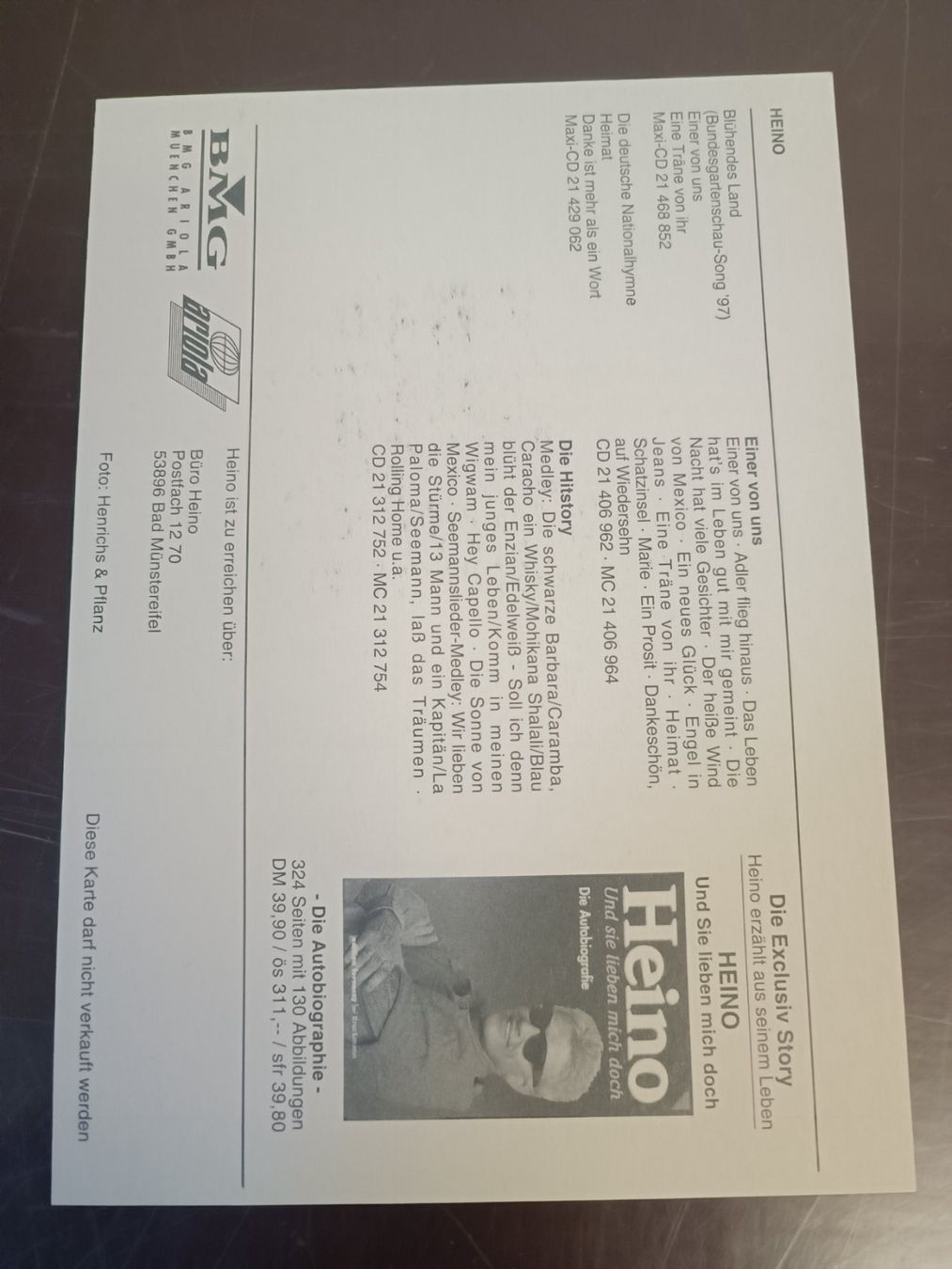 Autogramme: Heino - handsignierte  Autogrammkarte – Gebraucht aus Menziken von Artographs 1