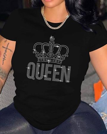 T-Shirt Top mit Strass-Buchstaben-Kronenmuster  neu Grösse M