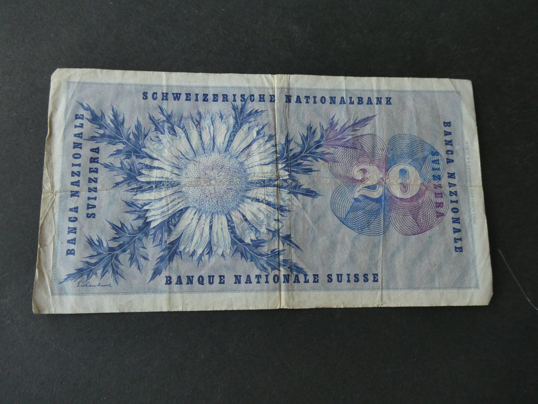 Banknoten: Schweiz 1959,  20 Franken – Gebraucht aus Hinterforst von Rohusri 1