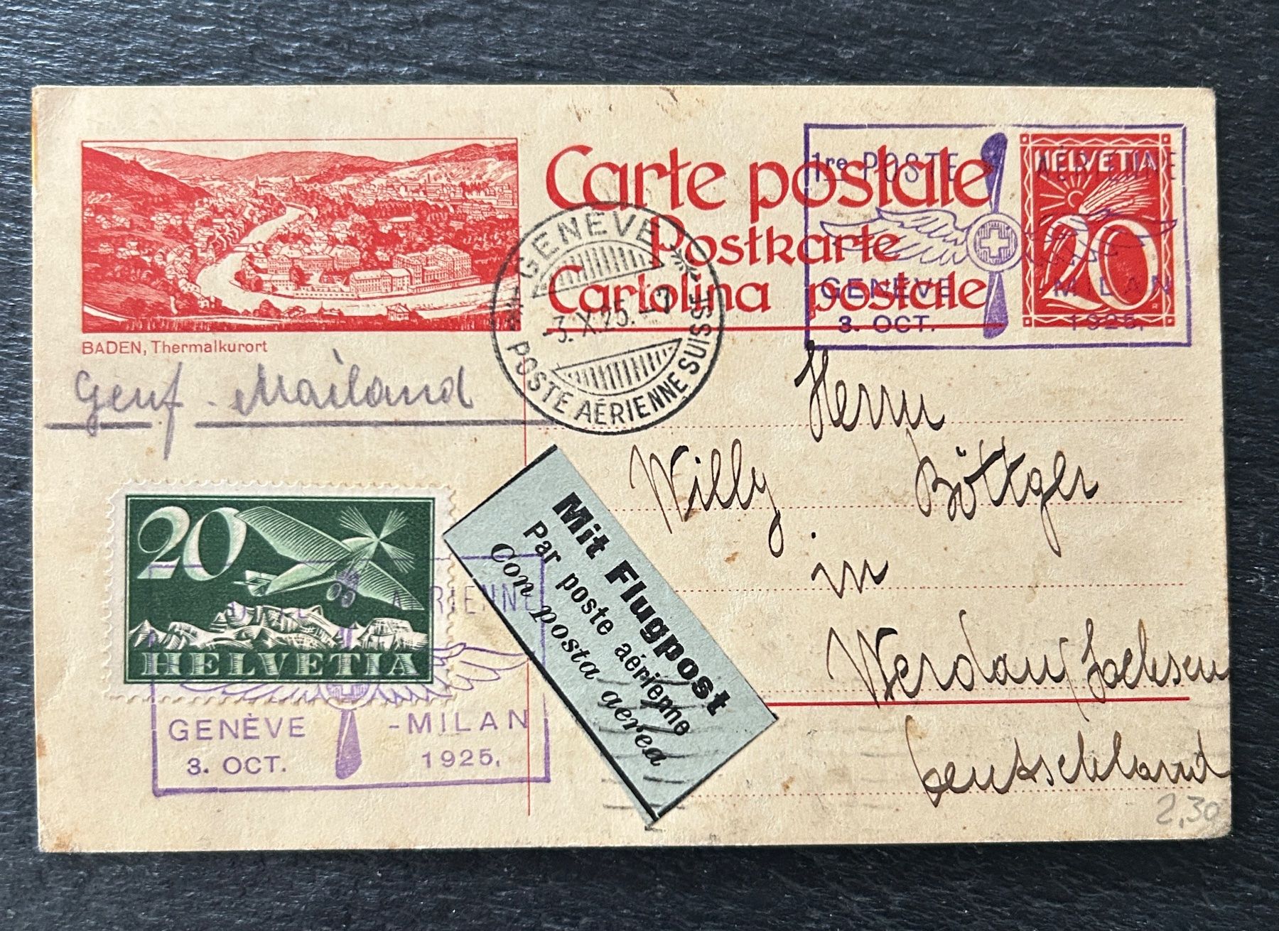 Tous les timbres: 1925 carte Flugpost Genève-Milan – D'occasion à Vétroz par Laly63